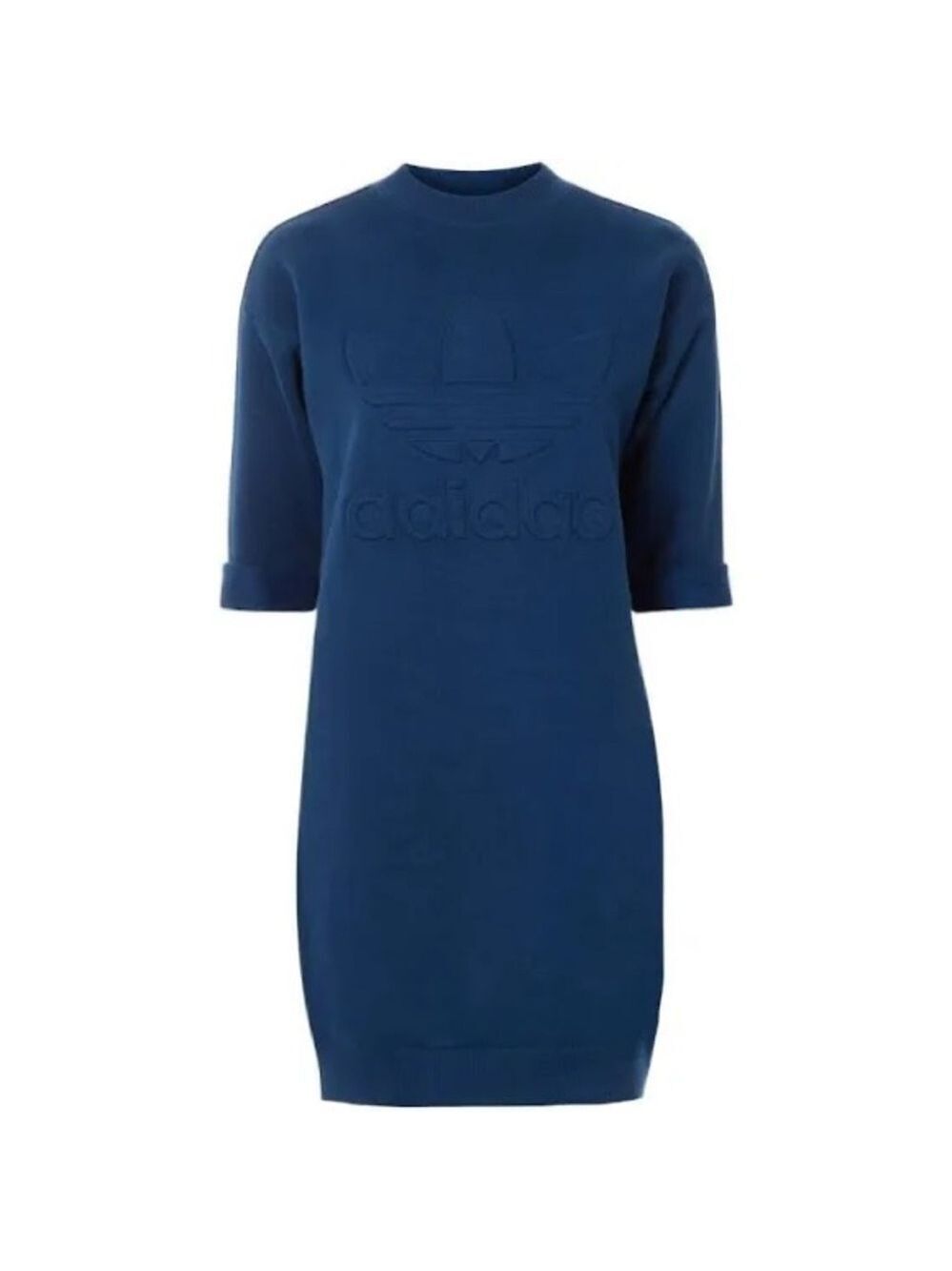 Adidas New York Sweater Dress Embossed Logo Blue Sz S High Crew Neck 1/2 Sleeve